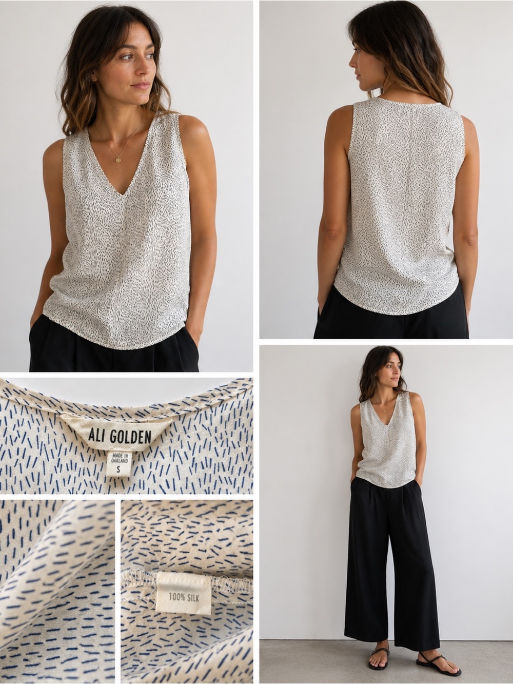 Ali Golden Cream Printed Silk V-Neck Sleeveless Blouse